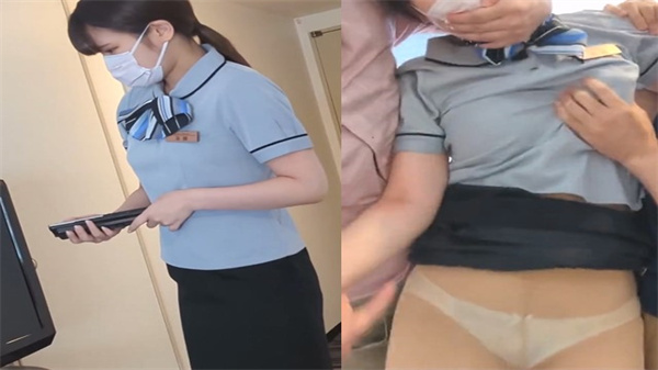 巨乳客房美女服务员被客人按在床单上狂干，白衬衫崩开纽扣奶子乱晃，内射灌满骚穴